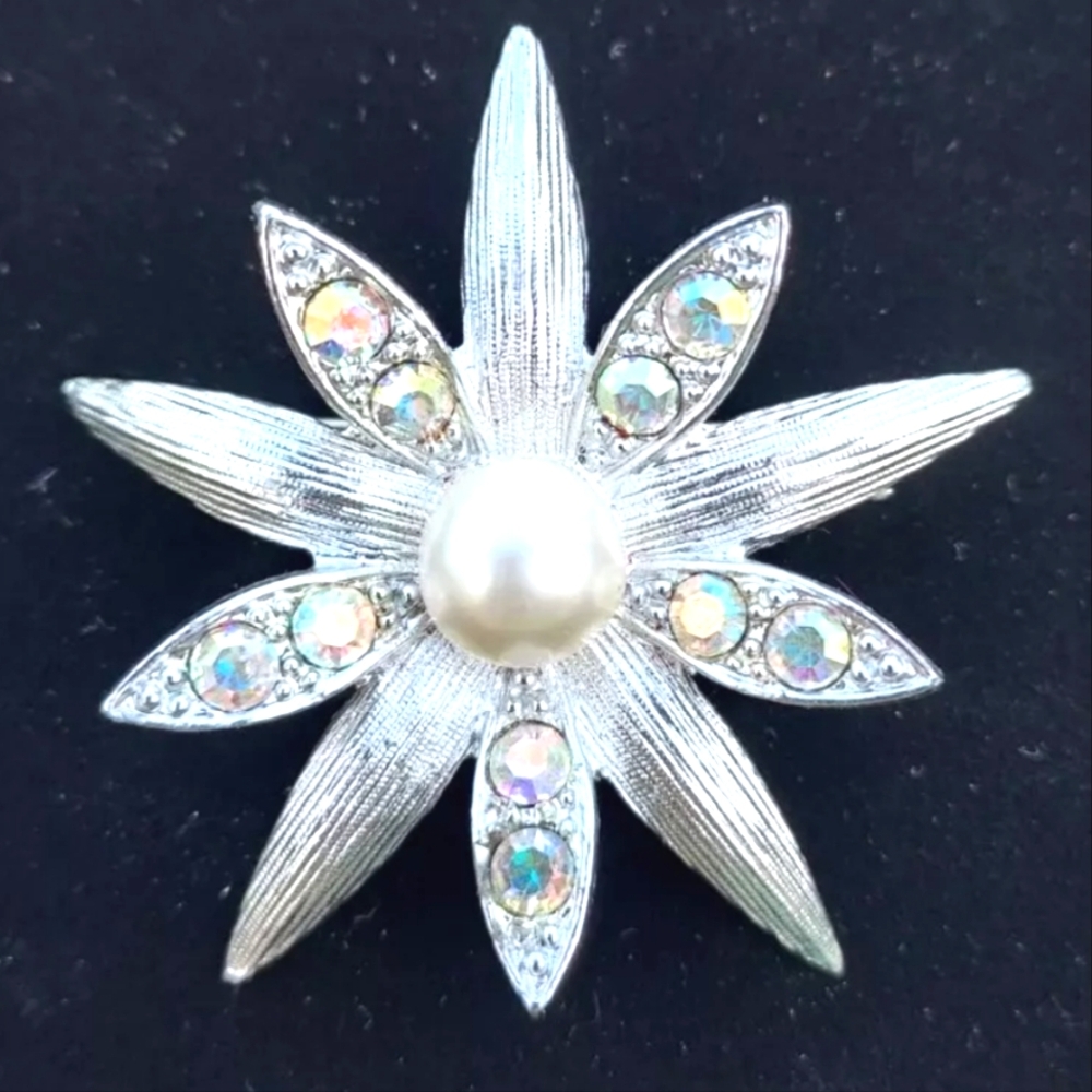 Vtg Emmons Starlite Signed Silver AB Faux Pearl Starburst Star Pin Brooch